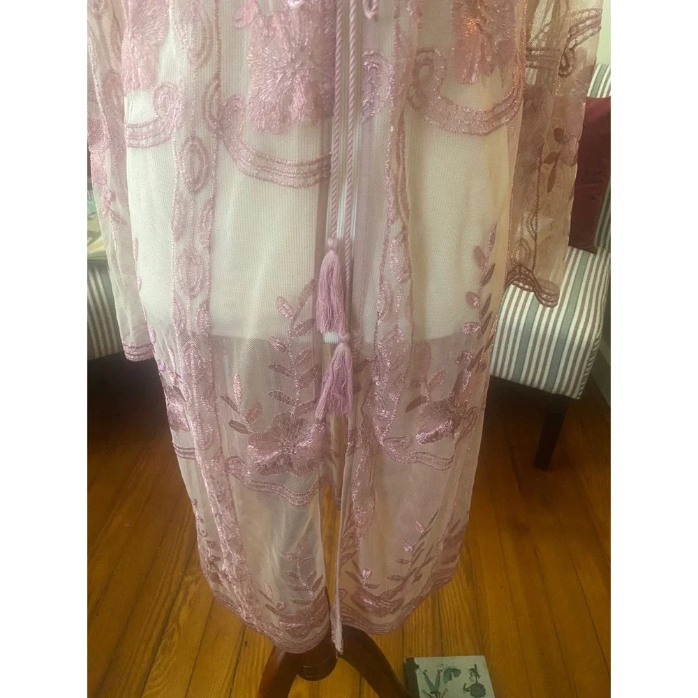 Haute Monde‎ swim coverup Sz S  Mesh pink embroidery Sheer Tassel Tie Kimono